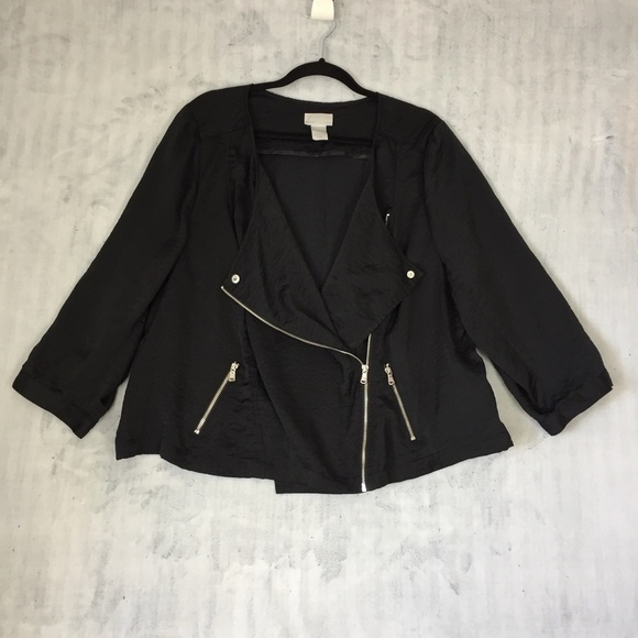 Cross Front Top Womens 22 Snaps Angled Zipper Black Poly Lightweight Pockets - Picture 1 of 13